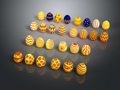 Colorful Decorative Eggs With Intricate Patterns And Vibrant Designs Arranged On Dark Background 3d model