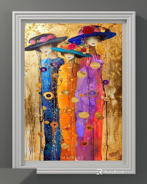 Colorful Women in Flower Hats Oil Painting with Gold Background and Decorative Robes 3d model 