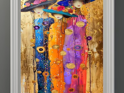 Colorful Women in Flower Hats Oil Painting with Gold Background and Decorative Robes 3d model