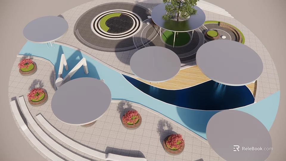 Contemporary Plaza Landscape With Circular Design Water Feature Central Tree And Flower Pots 3d model 