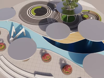 Contemporary Plaza Landscape With Circular Design Water Feature Central Tree And Flower Pots 3d model
