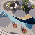 Contemporary Plaza Landscape With Circular Design Water Feature Central Tree And Flower Pots