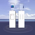 White Water Dispensers With Blue Water Bottles Displayed On Blue Circular Platform