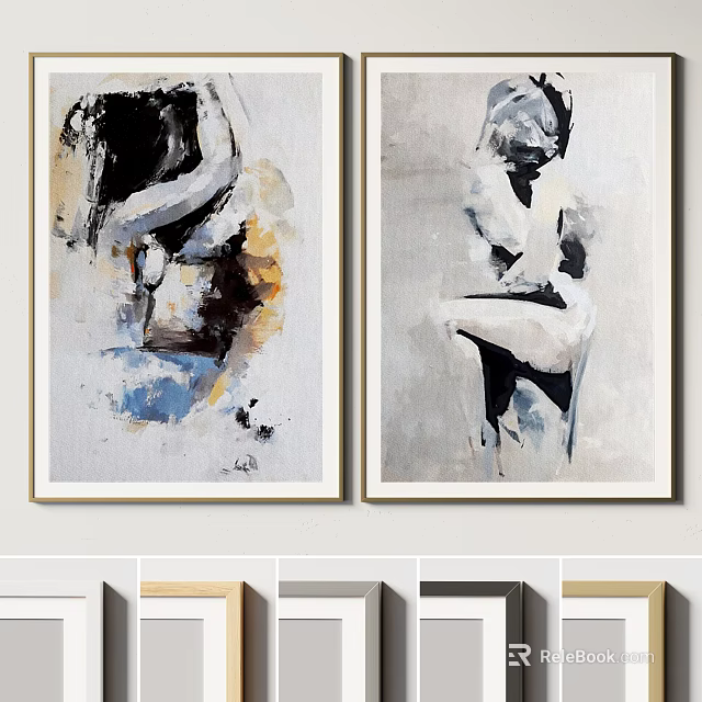Modern Abstract Figure Paintings Two Panel Contemporary Wall Art Decor 3d model