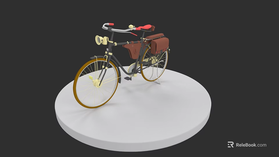 Vintage Bicycle With Red Seat Brown Leather Bags And Golden Wheels On White Display Stand 3d model 
