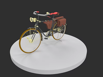 Vintage Bicycle With Red Seat Brown Leather Bags And Golden Wheels On White Display Stand 3d model