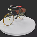 Vintage Bicycle With Red Seat Brown Leather Bags And Golden Wheels On White Display Stand