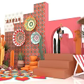 Vibrant Festival Decoration Scene With Colorful Patterns Cacti Green Plants Archway And Steps