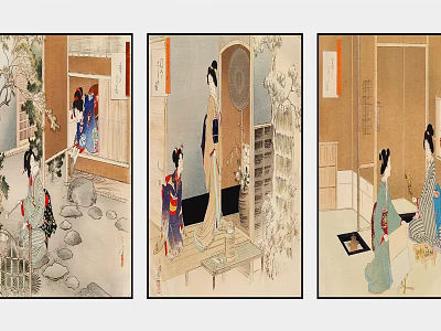 Traditional Asian Figure Paintings Featuring Women in Kimono and Interior Scenes with Screens 3d model