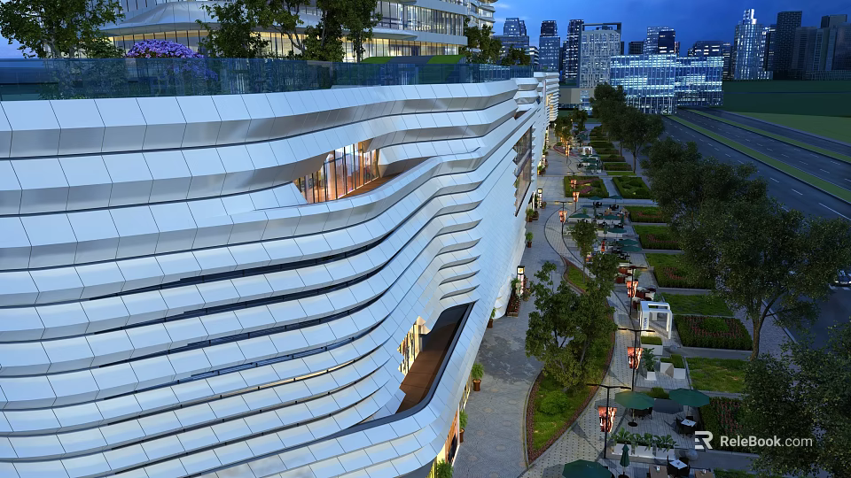 Modern Commercial Complex With Wavy White Facade Rooftop Greenery Urban Outdoor Areas And Evening Lighting 3d model 