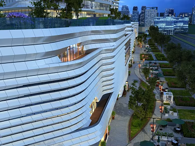 Modern Commercial Complex With Wavy White Facade Rooftop Greenery Urban Outdoor Areas And Evening Lighting 3d model