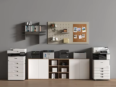 Modern Office Appliances Setup With Printers File Cabinets Shelves And Corkboard 3d model