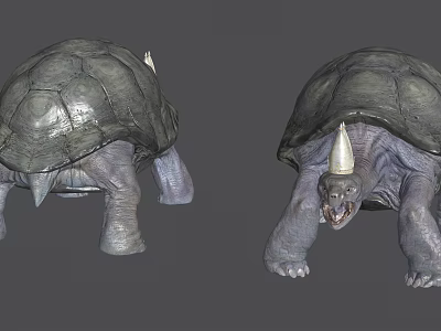 Two Reptile Turtle Sculptures With Horned Shells And Open Mouth Features 3d model