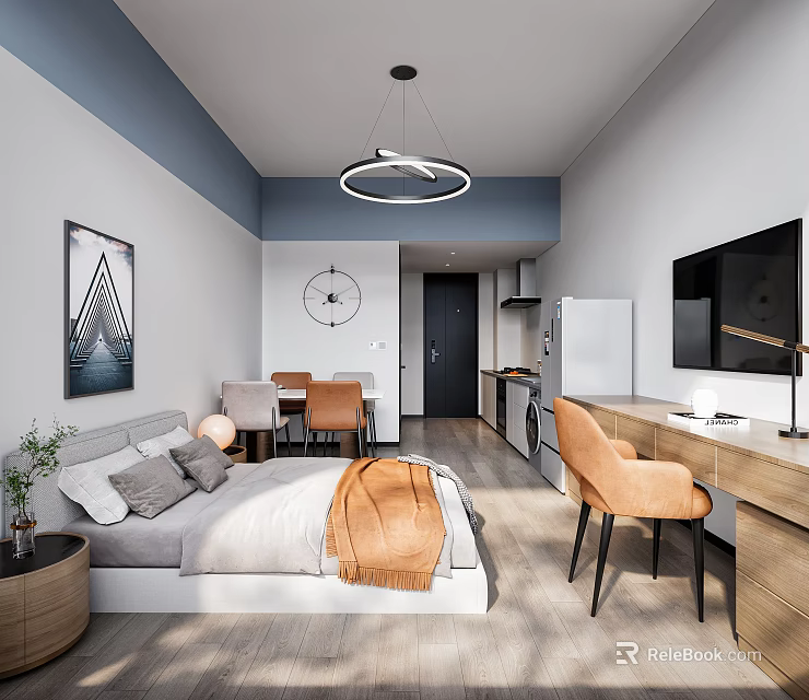 Modern Studio Apartment Interior With Bed Dining Area Kitchenette And TV 3d model 