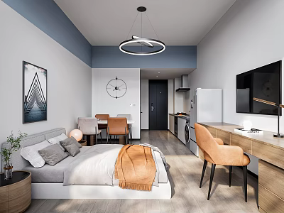 Modern Studio Apartment Interior With Bed Dining Area Kitchenette And TV 3d model