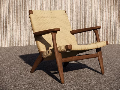 Modern Lounge Chair With Wooden Frame And Beige Woven Seat Against Textured Wall 3d model