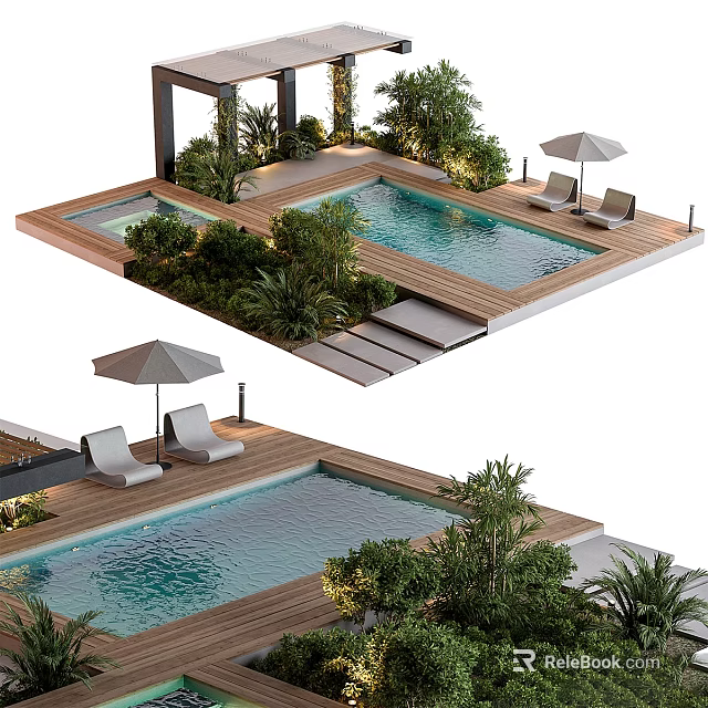 Outdoor Pool Area With Wooden Deck Loungers Umbrellas And Green Plants 3d model 