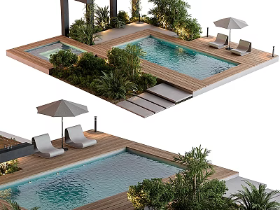 Outdoor Pool Area With Wooden Deck Loungers Umbrellas And Green Plants 3d model