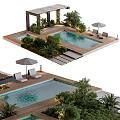 Outdoor Pool Area With Wooden Deck Loungers Umbrellas And Green Plants