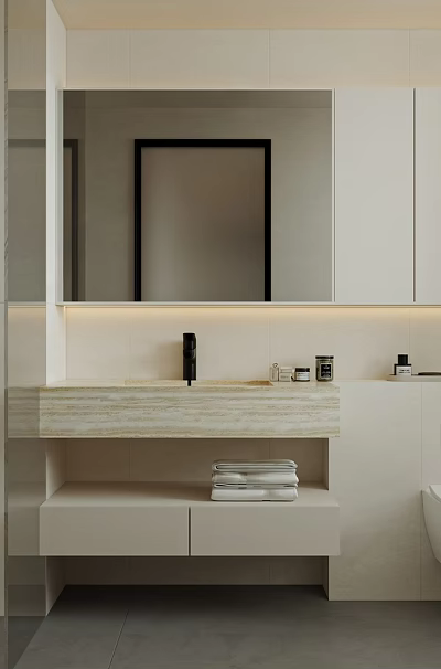Modern Minimalist Bright Bathroom With Storage Mirror Cabinet Wall Mounted Toilet And Complete Shower Fixtures 3d model