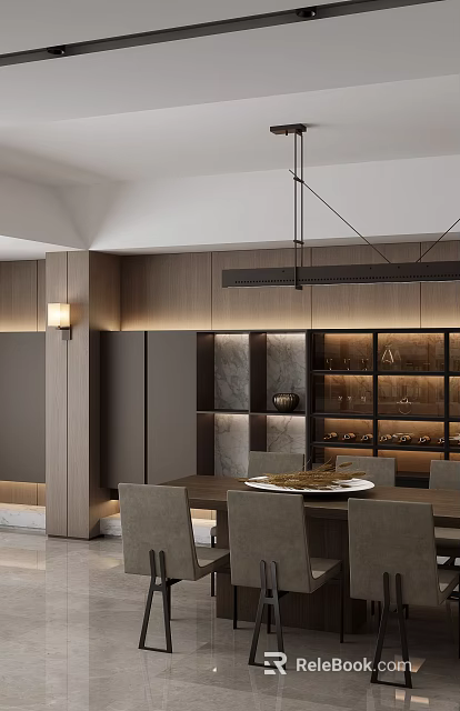 Modern Restaurant Interior With Wooden Paneling Marble Wall Dining Table Chairs And Hanging Light 3d model 