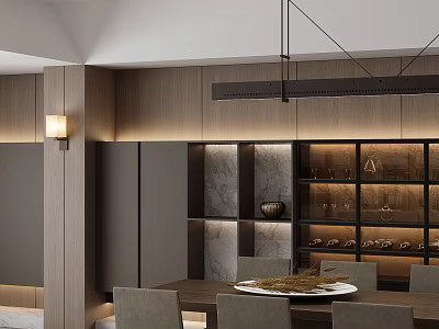 Modern Restaurant Interior With Wooden Paneling Marble Wall Dining Table Chairs And Hanging Light 3d model