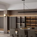 Modern Restaurant Interior With Wooden Paneling Marble Wall Dining Table Chairs And Hanging Light