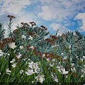 Vibrant Botanical Painting With White Flowers Orange Blooms Blue Foliage Green Grass Mountain And Sky