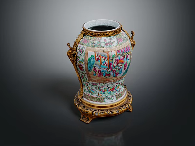 Traditional Ceramic Vessel With Colorful Intricate Patterns And Golden Decorative Base 3d model
