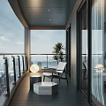 Modern Home Balcony Design With City View White Chair Round Table And Green Plant