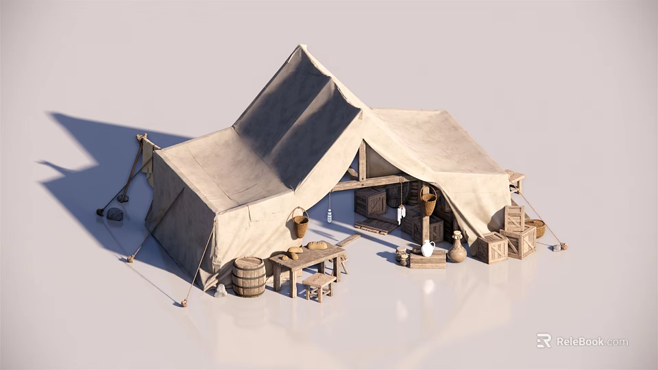 Traditional Canvas Tent Outdoor Camping Setup with Wooden Barrels Tables and Storage Chests 3d model 