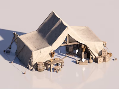 Traditional Canvas Tent Outdoor Camping Setup with Wooden Barrels Tables and Storage Chests 3d model