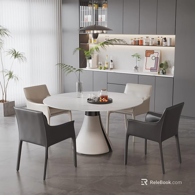 Modern Dining Table Set With Round White Tabletop And Grey Beige Upholstered Chairs 3d model 