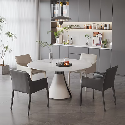 Modern Dining Table Set With Round White Tabletop And Grey Beige Upholstered Chairs 3d model