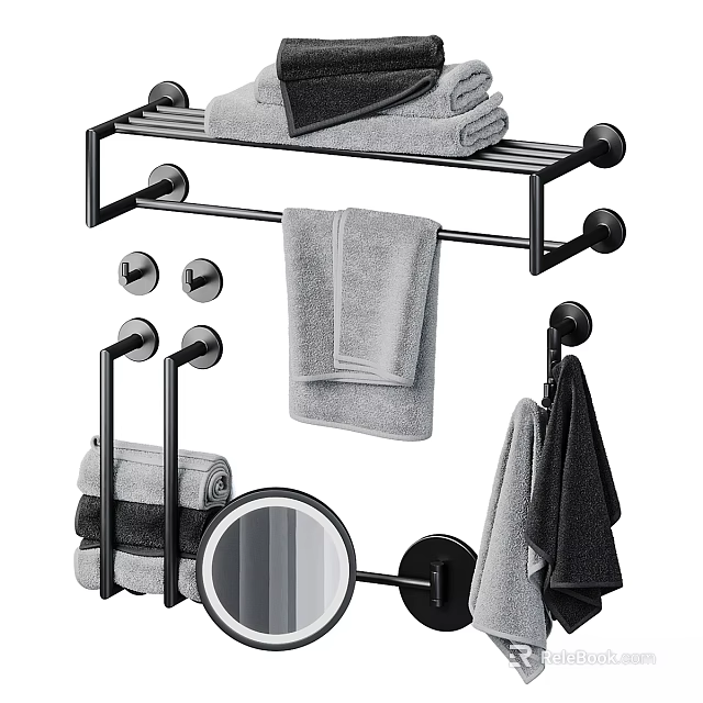 Modern Black Metal Bathroom Towel Racks With Hanging Towels Hooks And Wall Mirror 3d model 