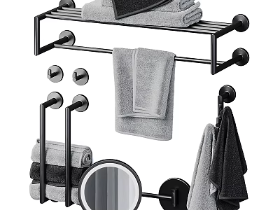 Modern Black Metal Bathroom Towel Racks With Hanging Towels Hooks And Wall Mirror 3d model