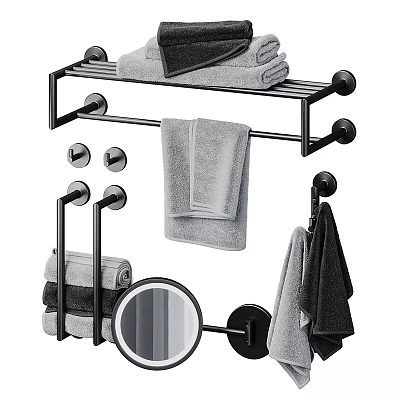 Modern Black Metal Bathroom Towel Racks With Hanging Towels Hooks And Wall Mirror 3d model