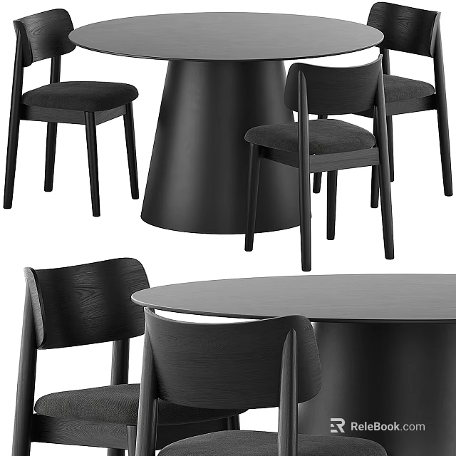 Modern Minimalist All Black Dining Table And Upholstered Chair Combination For Stylish Home Dining Space 3d model 