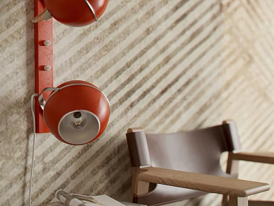 Red Wall Lamp With Metal Bracket On Striped Textured Wall And Wooden Chair 3d model