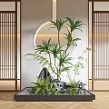 Chinese Style Indoor Landscape With Circular Arch Lattice Doors Rockery And Green Plants