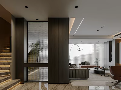 Modern Luxury Open Living And Dining Room Design With Glass Block Partition And Comfortable Furnishings 3d model