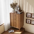 Warm Wooden Decorative Cabinet With Vase Photo Frames Books Wall Shelves Holding Magazines In Sunlight