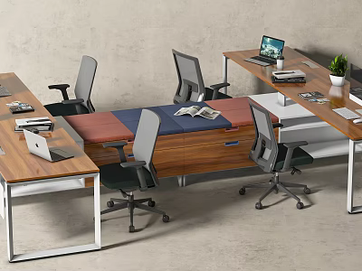 Modern Office Desk Workstation With Ergonomic Chairs Laptop And Potted Plant 3d model