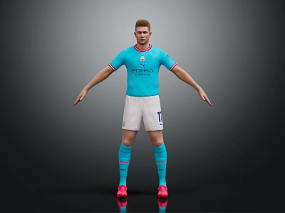 Man in light blue Etihad Airways jersey white shorts blue socks and red football boots 3d model