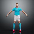 Man in light blue Etihad Airways jersey white shorts blue socks and red football boots