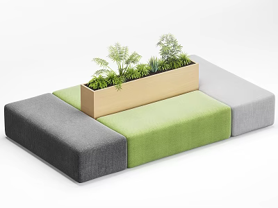 Casual Leisure Sofa Set with Gray Green Light Gray Fabric and Wooden Planter with Ferns 3d model