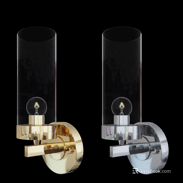 Modern Gold and Silver Wall Lamps with Transparent Cylindrical Shades and Metal Bases 3d model 