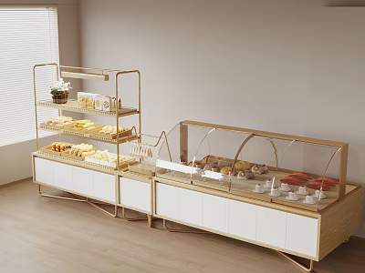 Multi Tiered Golden Frame Display Shelves And Glass Cover Cabinets With White Bases Displaying Pastries 3d model
