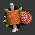 Roasted Ham With Bone Sliced On Black Plate And Green Leaf Garnish 3d model