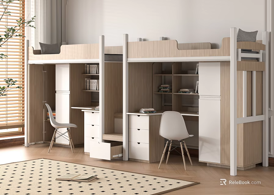 Modern Bunk Beds Interior With Study Desk Chair Bookshelf And Storage Drawers 3d model 